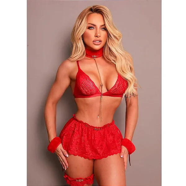 CONJUNTO EM RENDA COM COLEIRA, ALGEMAS, PERSEX E MINI SAIA PERSONALIZÁVEL