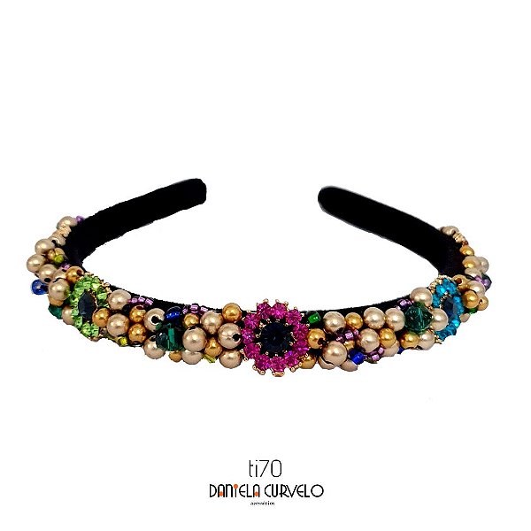 Tiara de Luxo Fina Preta com Flores Coloridas  - TI70