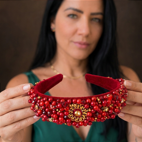Tiara Bordada de Luxo Larga com Pedrarias Vermelha e Dourada T391