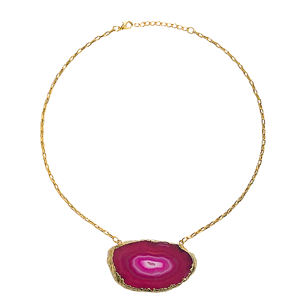 Colar Chapa de Pedra Ágata Rosa com Dourado