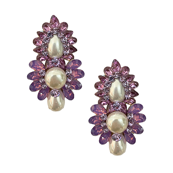 Brinco Todo Cravejado Strass e Cristais Roxo e Pérolas BG1419ROXO