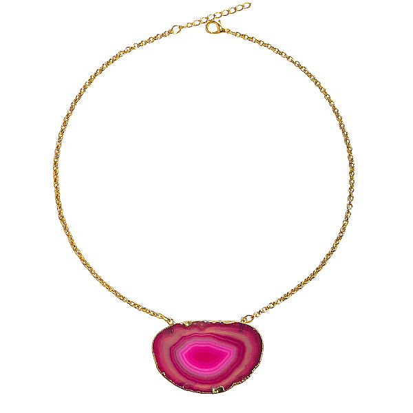 Colar Chapa de Pedra Ágata Rosa com Dourado - CL305B
