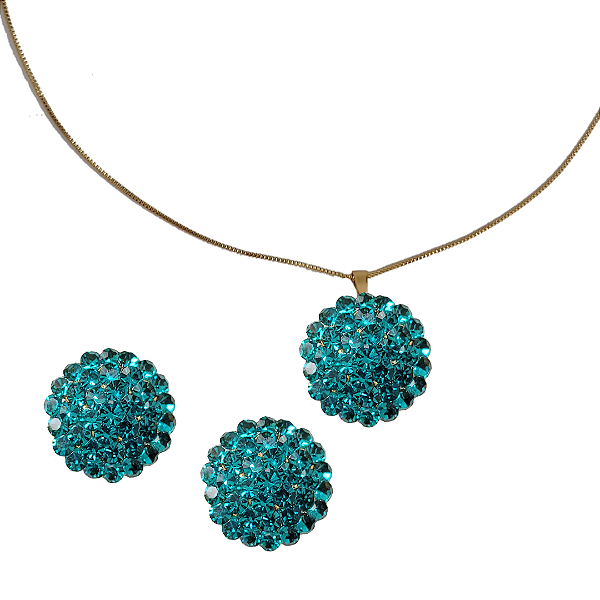 Conjunto Brinco e Colar Cristais Turquesa CJ10