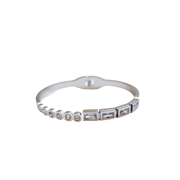 Bracelete Aço Fino Prateado Zircônias Redondas e Retângulares PS628