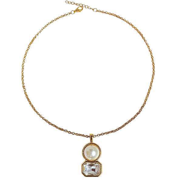 Colar Corrente Dourada Pingente Pérola e Cristal Quadrado  - CL557