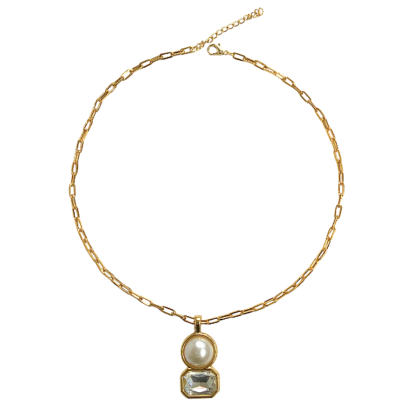 Colar Corrente Dourada Pingente Pérola e Cristal Quadrado - CL557