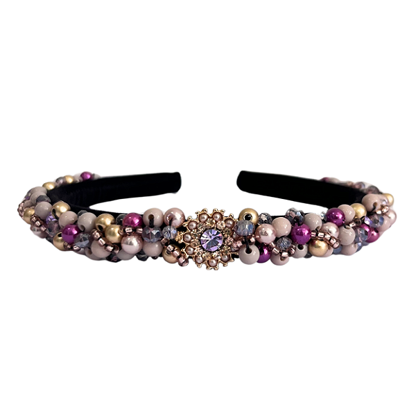 Tiara de Luxo Bordada Fina Preta Lilás,Rosa e Dourado T423