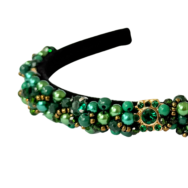 Tiara de Luxo Fina Bordada Preta com Tons de Verde T424