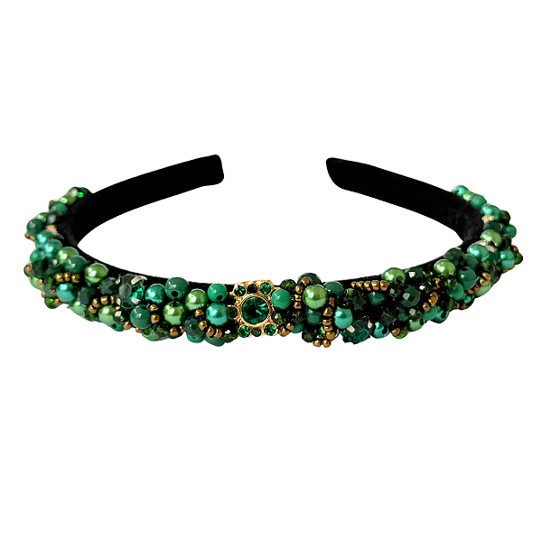 Tiara de Luxo Fina Bordada Preta com Tons de Verde T424