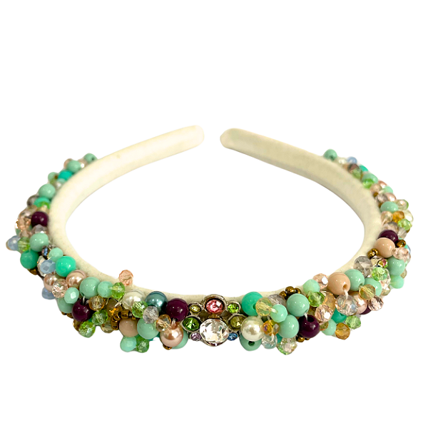Tiara Bordada Fina Branca com Miçangas e Pedrarias Coloridas Roxo, Verde Água e Azul Claro T434
