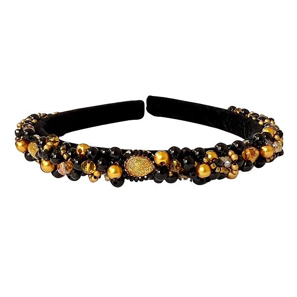 Tiara Bordada Preta com Miçangas Preta e Dourada com Pedrarias Douradas T433