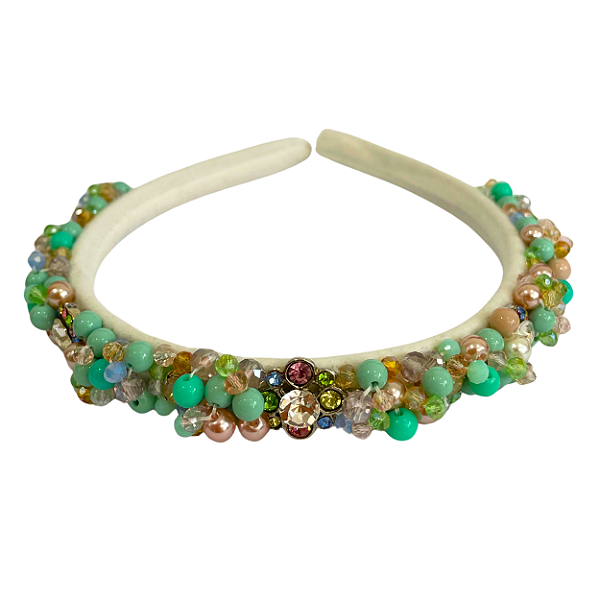 Tiara Fina Branca Verde-Água com Cristais e Pedrarias Candy T431