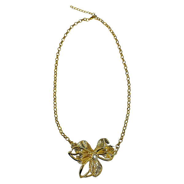Colar Dourado com Flor Orgânica e Pérola CL598