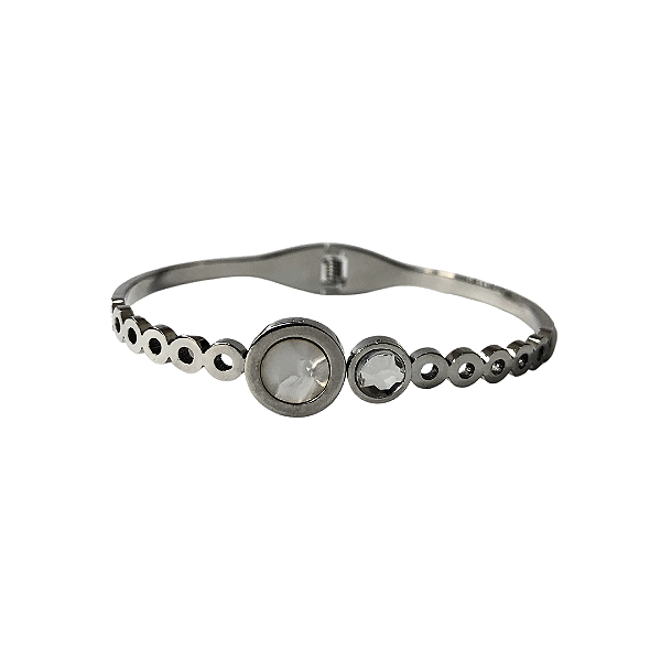 Bracelete de Aço Prata Círculos com Madre Pérola e Cristal 709P