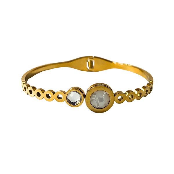 Bracelete de Aço Dourado Círculos com Madre Pérola e Cristal 708P