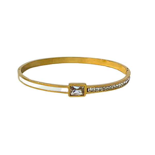 Bracelete de Aço Dourado com Pedra Retangular, Zircônias e Resina Branca 707P