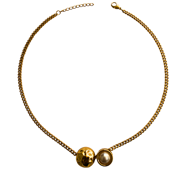 Colar Dourado com Pingente Redondo Orgânico e Pérola CL666