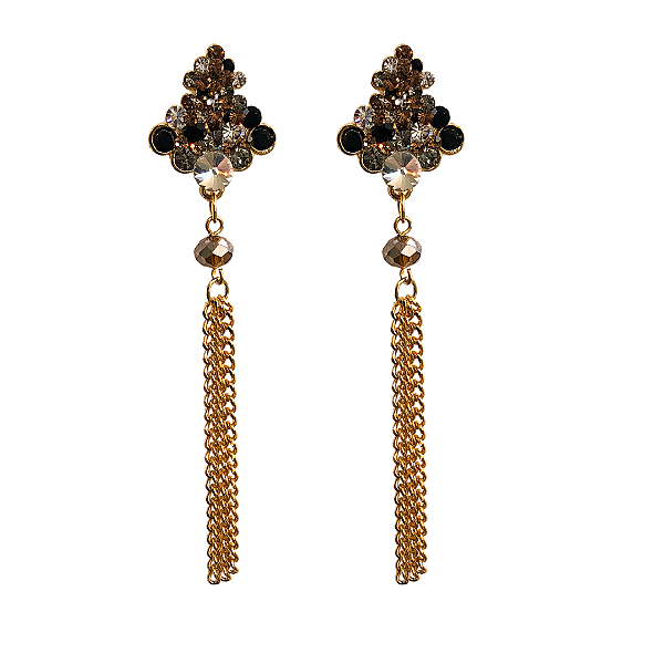 Brinco Dourado de Cristais Marrom, Preto e Branco com Correntes BG1931
