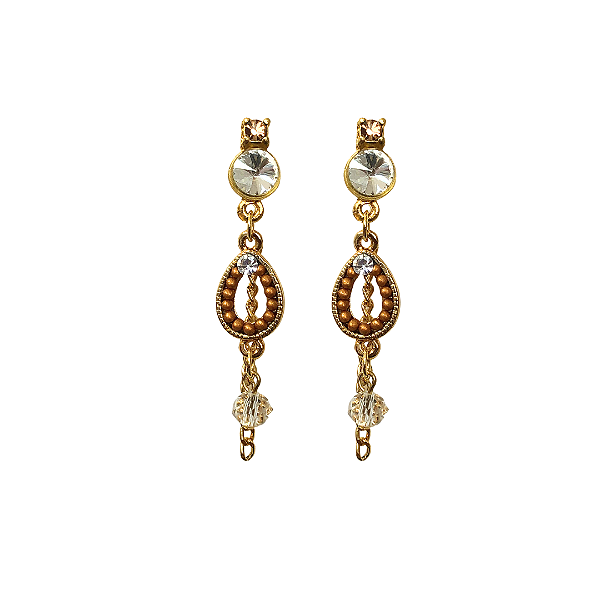 Brinco Dourado com Miçangas Douradas e Cristais Brancos BM1933