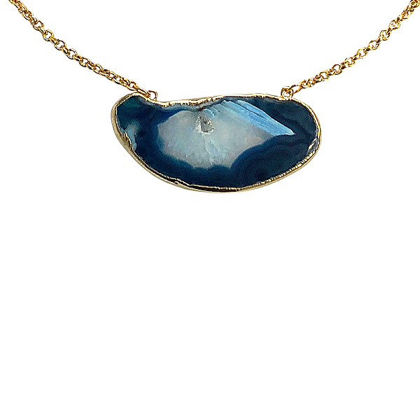 Colar Chapa de Pedra Ágata Azul com Dourado