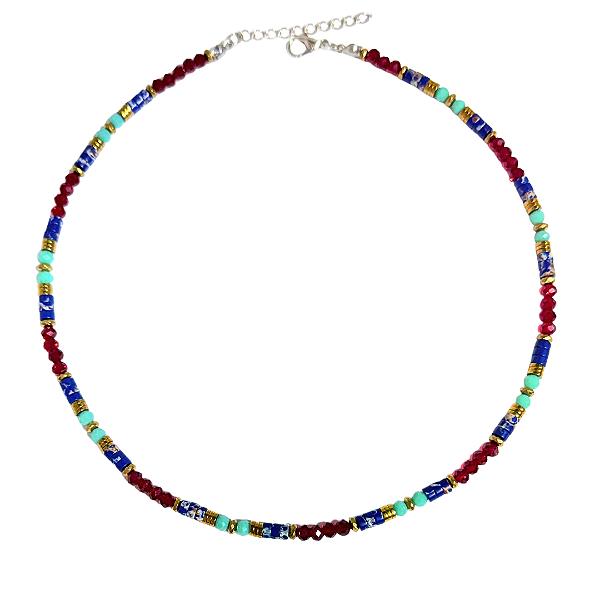 Choker de Cristais Verde Água, Rubi e Dourado com Pedras Naturais Azuis CL600