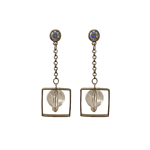 Brinco Pendurado com Quadrado e Cristal Furta-cor BG1910