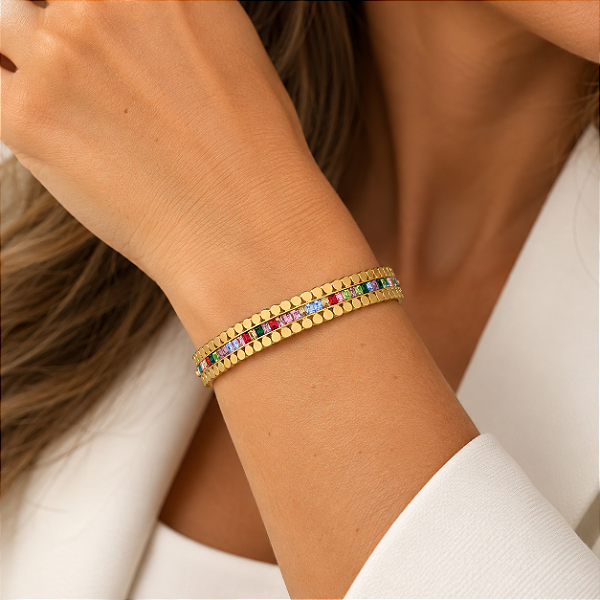 Bracelete de Aço Dourado Pontilhado com Zircônias Coloridas