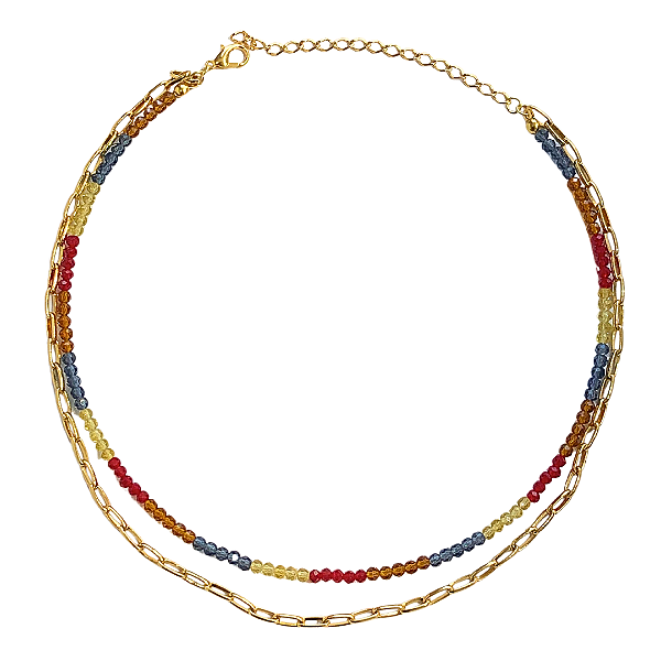 Colar de Cristais Amarelo Candy, Vermelho, Azul Cobalto e Caramelo com Corrente CL681