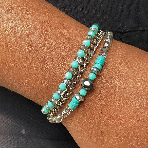 Pulseira de Cristais Cinza e Turquesa com Corrente Prata e Pedras Naturais 740P