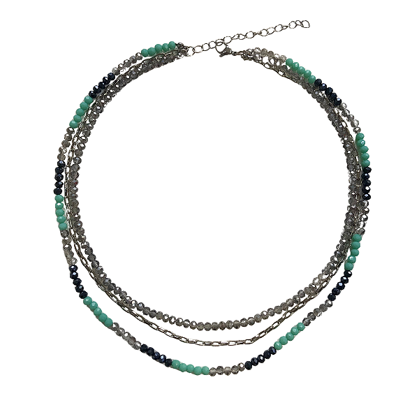 Colar Triplo de Cristais Azul Marinho, Cinza e Turquesa com Corrente Prata CL695
