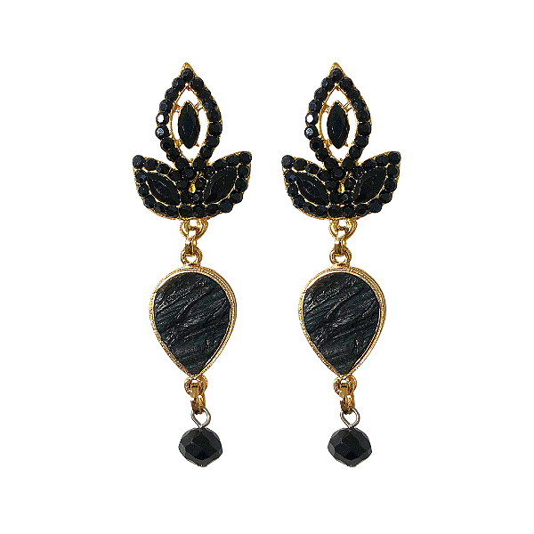Brinco Gota de Couro de Tilápia Preto com Strass e Cristal BG1958