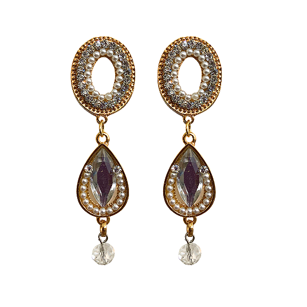 Brinco Dourado Oval com Strass e Pérolas BG1964