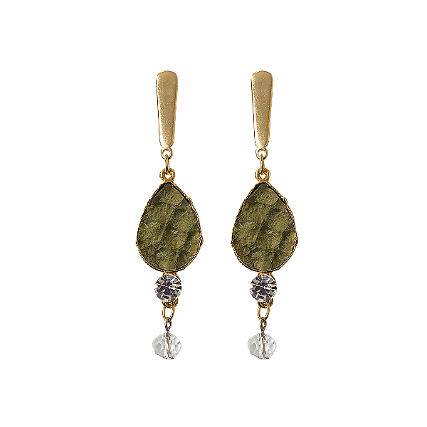 Brinco Pendurado Dourado com Couro de Tilápia Verde Musgo BG1975