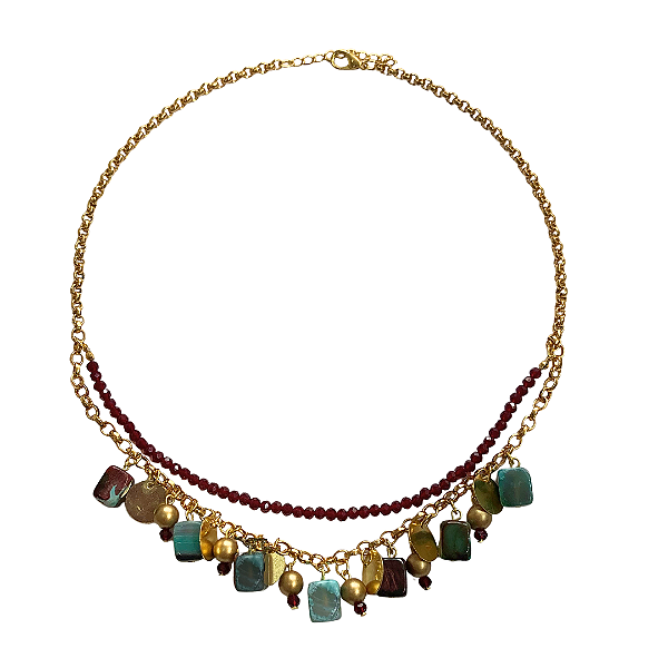 Colar Duplo Dourado com Cristais Marsala e Pedras Naturais CL707