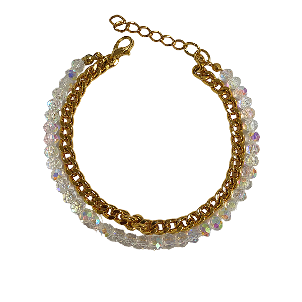 Pulseira de Cristais Furta-cor com Corrente Dourada 744P