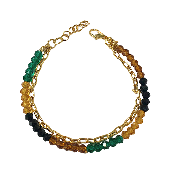 Pulseira de Cristais Verde, Caramelo, Preto e Amarelo com Corrente Dourada 749P