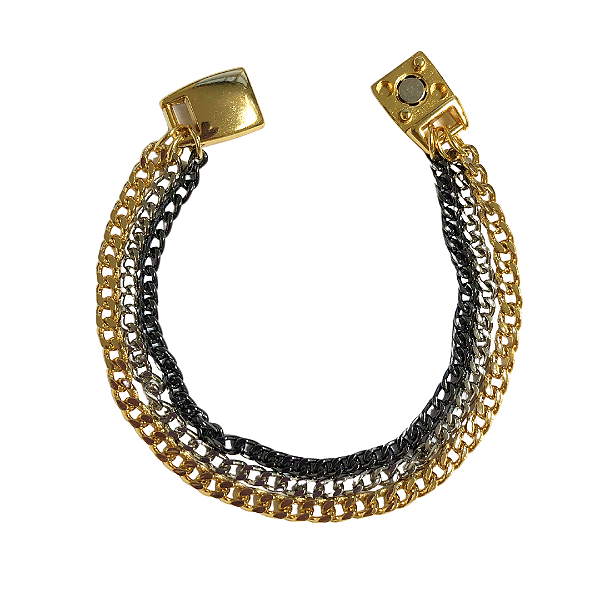 Pulseira de Imã com Correntes Dourada, Prata e Ônix 759P