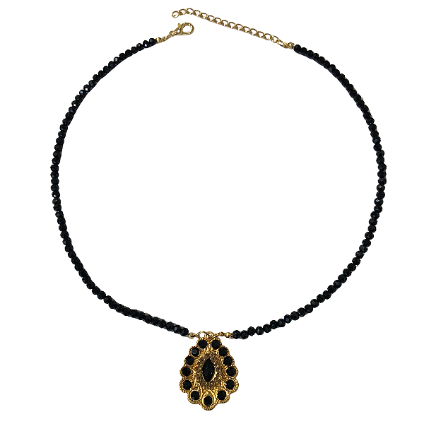 Colar de Cristais Preto com Pingente Dourado e Strass CL730