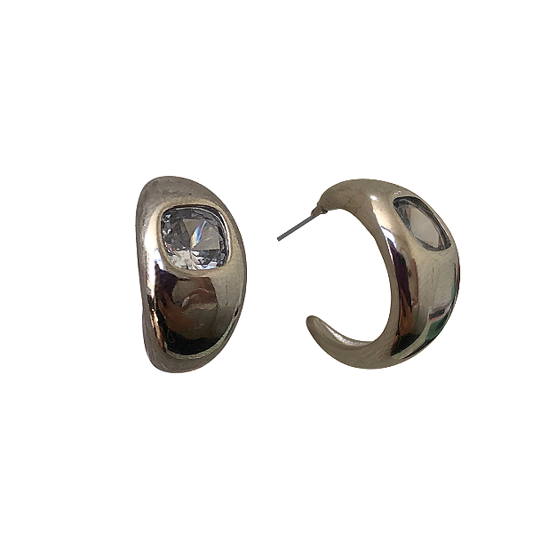 Argola de Aço Prata com Cristal Quadrado BF1254