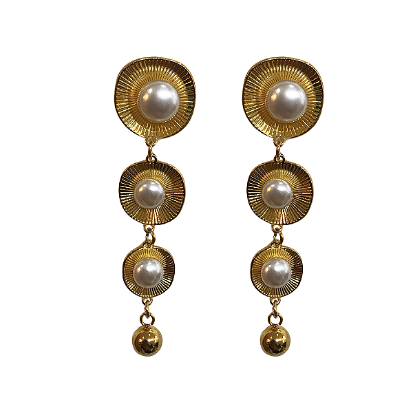 Brinco de Aço Dourado Esferas Orgânicas Penduradas com Pérolas BG2015