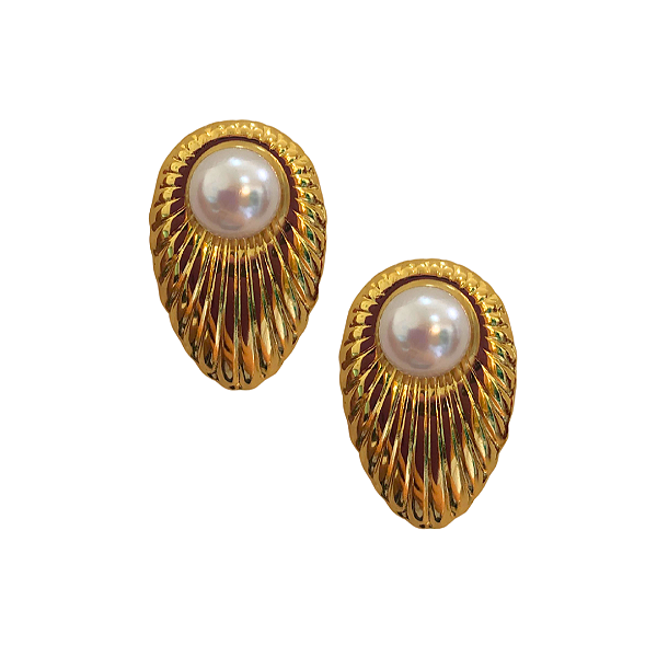 Brinco Concha de Aço Texturada com Pérola BF1256