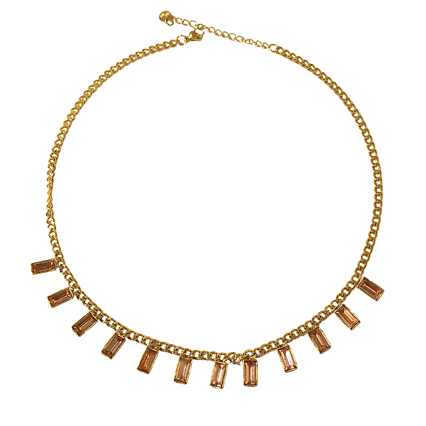 Colar de Aço Dourado com Pingentes de Cristal Rosê CL742
