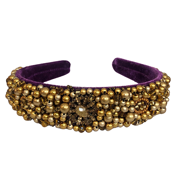 Tiara de Luxo Larga Roxa com Pedrarias e Pingentes Dourado T441
