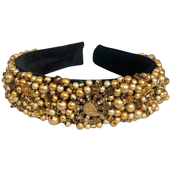 Tiara de Luxo Larga Preta com Pedrarias e Pingentes Dourado T440