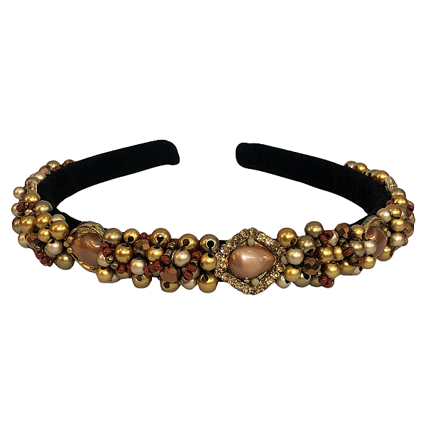 Tiara de Luxo Fina Preta Dourada com Marrom Perolado T445