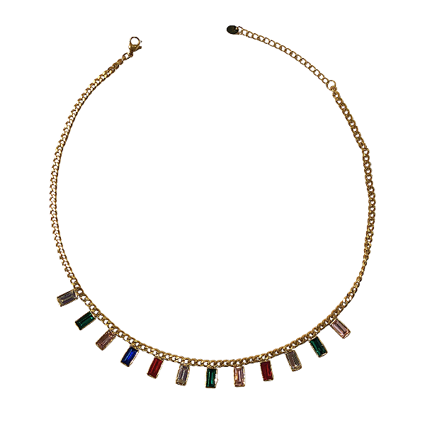 Colar de Aço Dourado com Pingentes de Cristal Coloridos CL760
