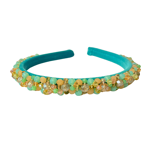 Tiara de Luxo Bordada Fina Turquesa com Cristais Candy T448