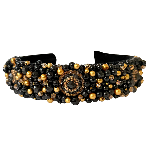 Tiara de Luxo Bordada Larga Preta com Pedrarias e Cristais Preto e Dourado T449