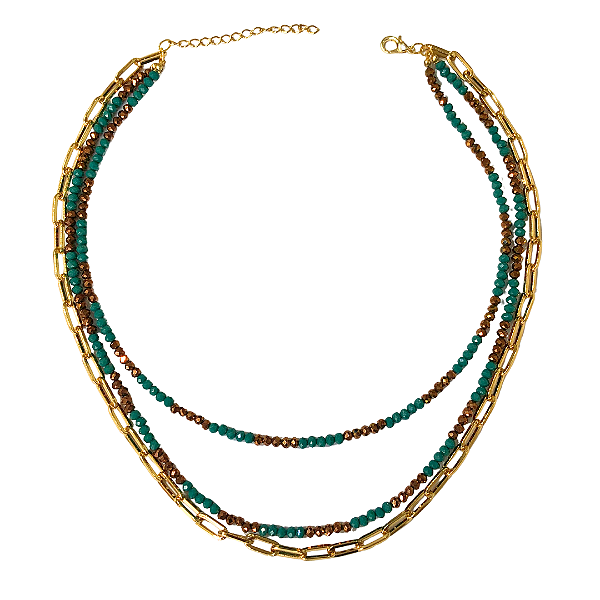 Colar Triplo de Cristais Verde-água Escuro e Cobre com Corrente Dourada CL765