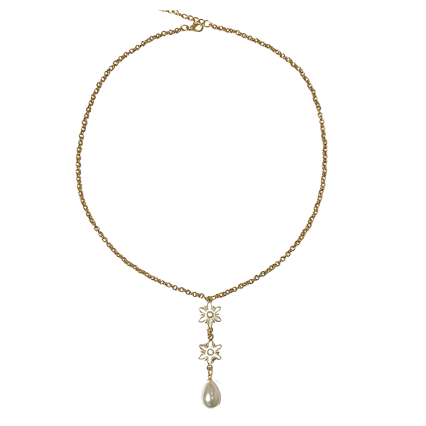 Colar Dourado com Pingente de Flor e Pérola CL770